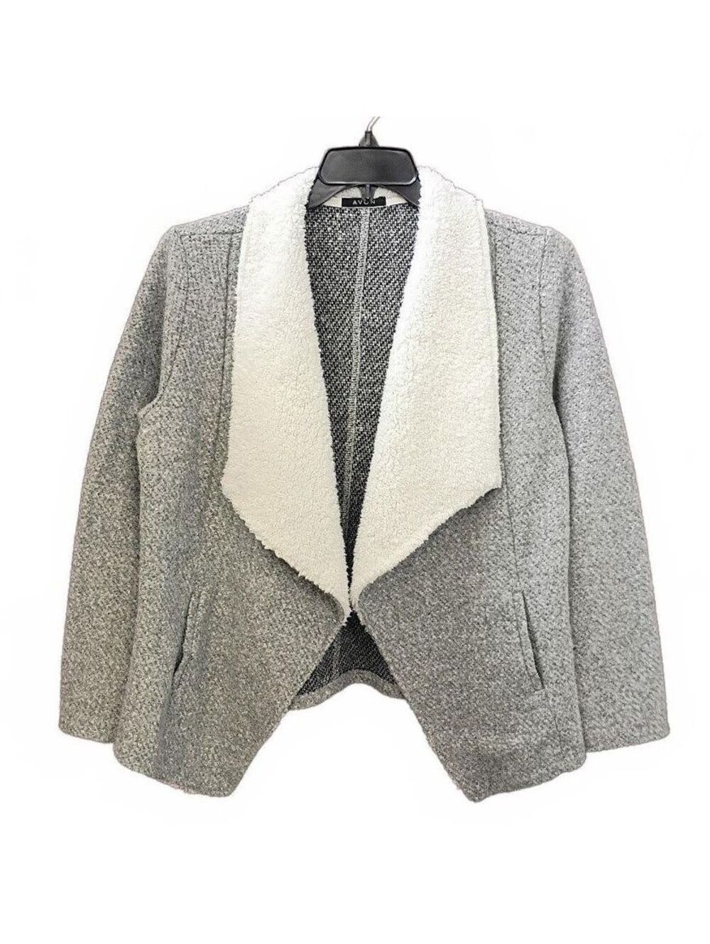 Avon Women's Gray Open Front Jacket with White Sherpa Collar Size Large